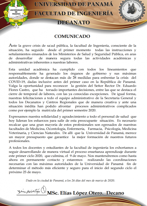 COMUNICADO  COvid 19- FAC. DE INGENIERÍA